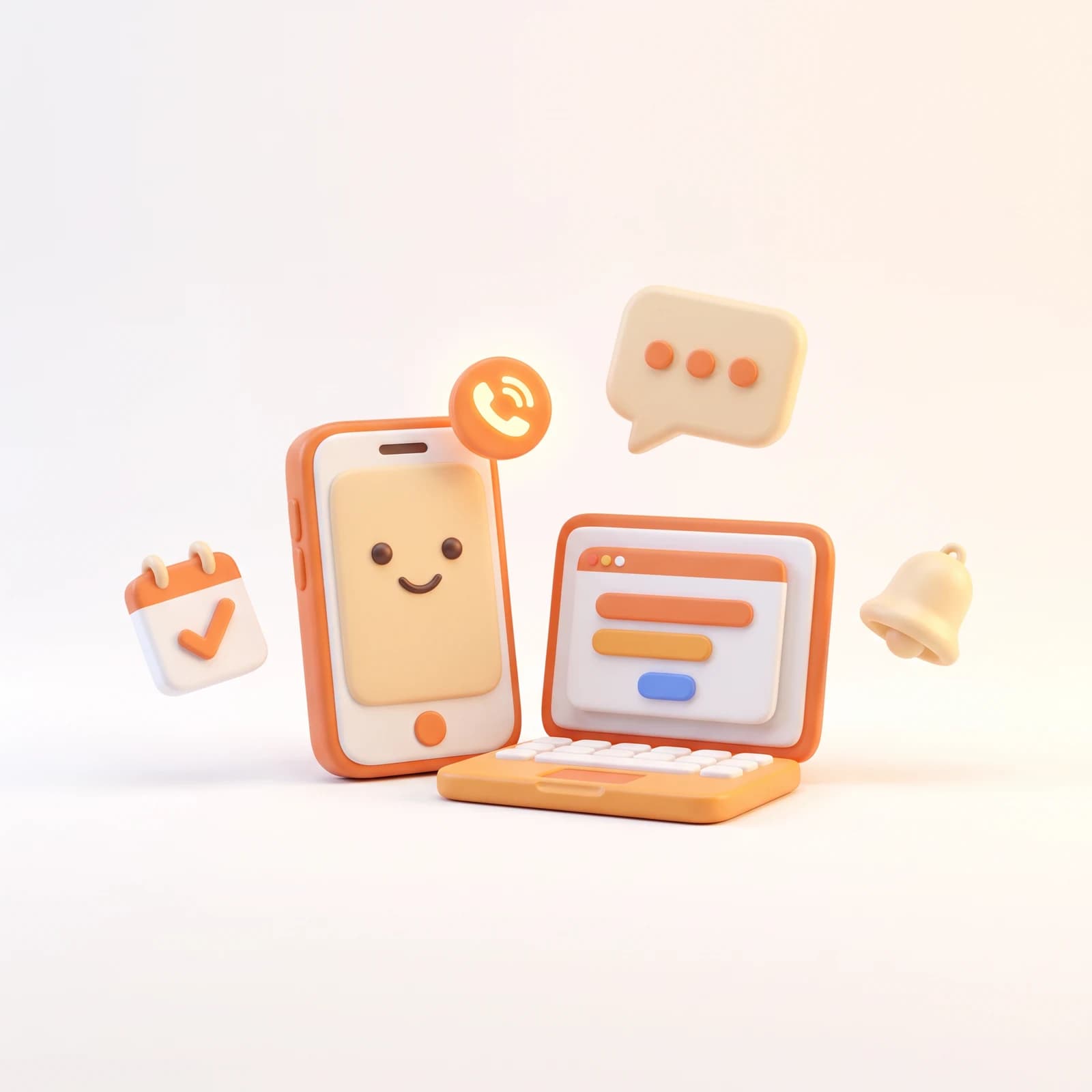 A smiling phone answering a call, a chat bubble, a calendar with a booking confirmed, a notification bell and a laptop with a browser open — representing VIV-Z's website, AI receptionist, chat, follow-up and booking system