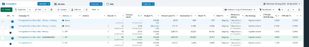 Meta ads manager showing window-film campaigns — advertising is optional, not the product